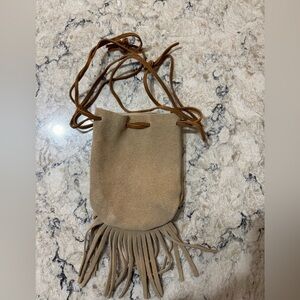 Stylish Tan Suede Leather Drawstring Bag with Fringe